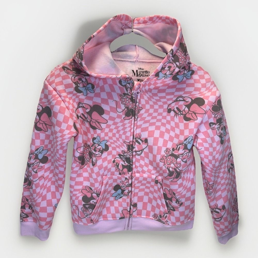 Disney MINNIE MOUSE Graphics Girls Checkered Pink Full Zip Hoodie Jacket Size 10